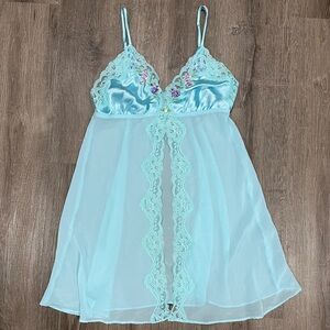 Y2K Secret Treasures Blue Mesh Satin Floral Lace Open Front Slip Dress Small